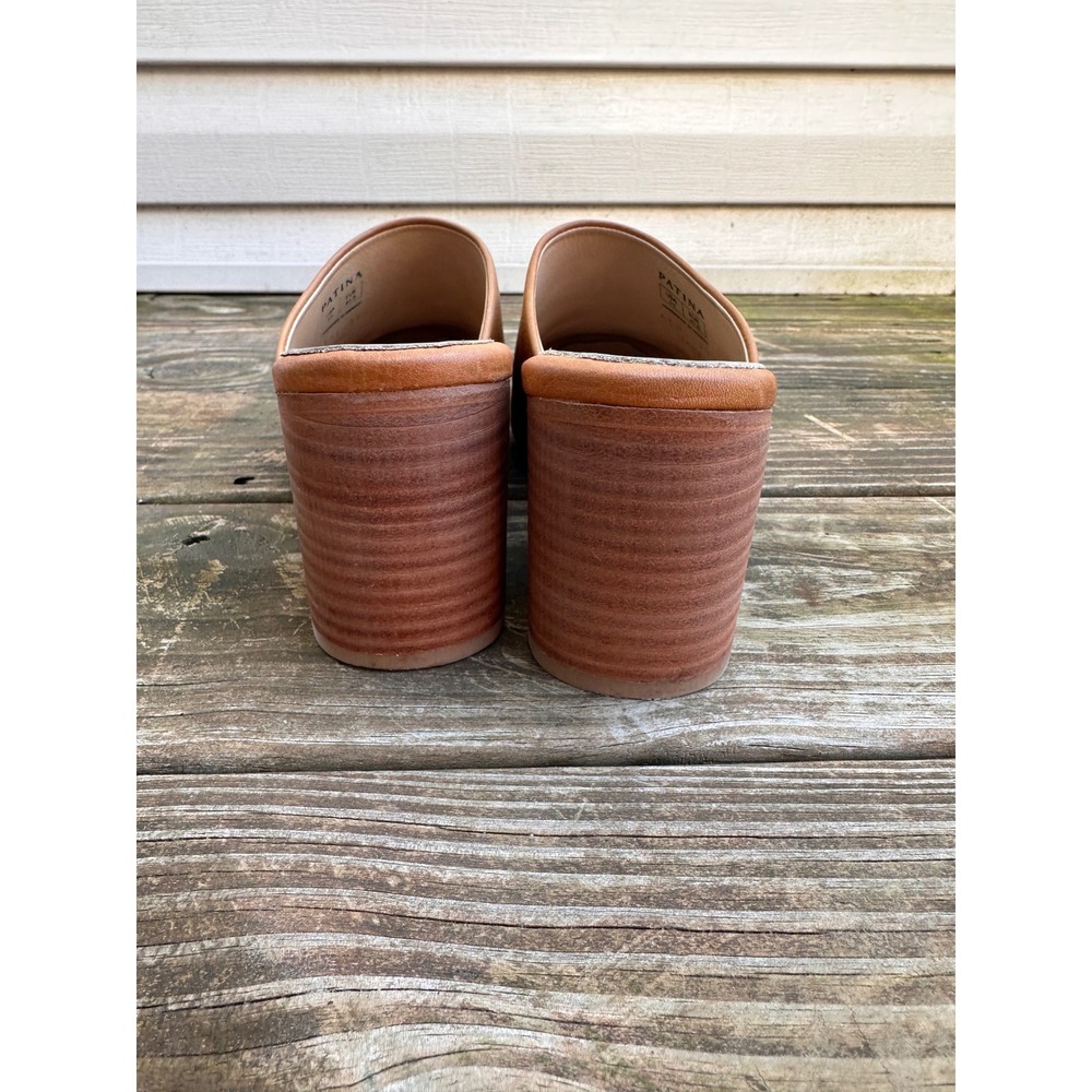 Patina Tan Leather Block Heel Mules Slip On Almond Toe Shoes Size 11 - Picture 7 of 8